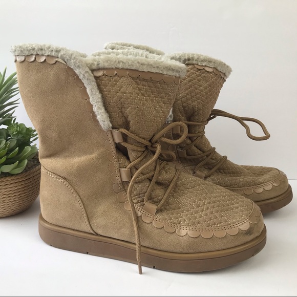 LANDS'END Embroidered Winter Snow Girl's Boots Tan - Picture 3 of 7